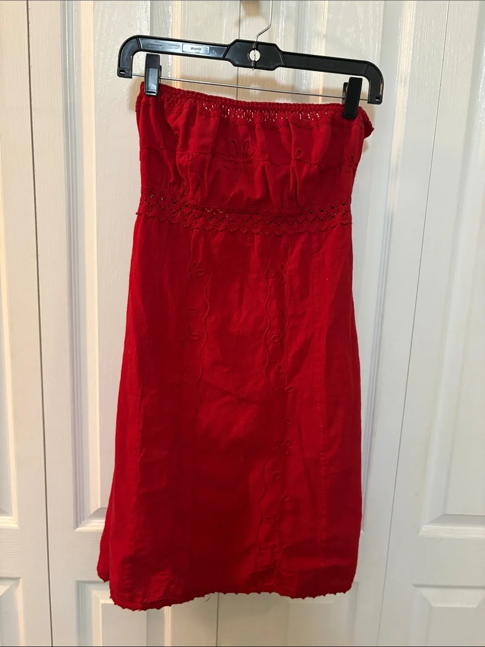 Strapless Red Summer Dress with Eyelet Detail - Picture 1 of 5